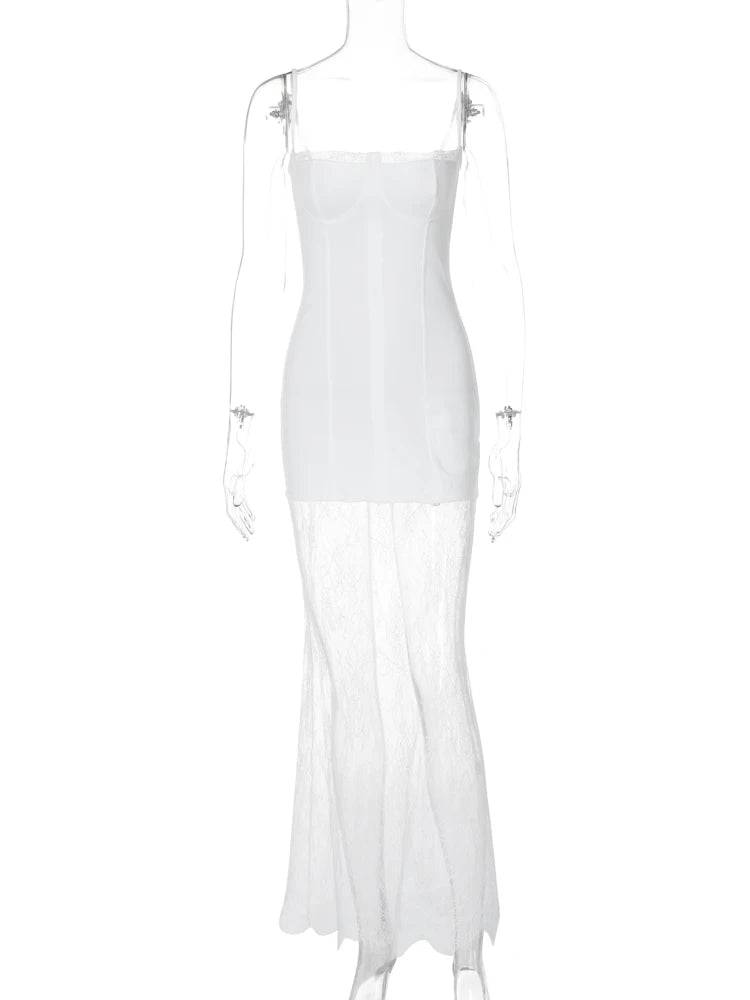 Elegant White Slips Patchwork Lace Sexy Slim Maxi Dress Summer Women Fashion Outfit Beach Party Festival Wholesale