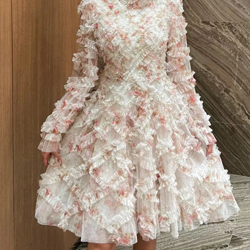 Load image into Gallery viewer, Hit Color Printing Elegant Dresses For Women Round Neck Long Sleeve High Waist Slimming A Line Dress Female Style
