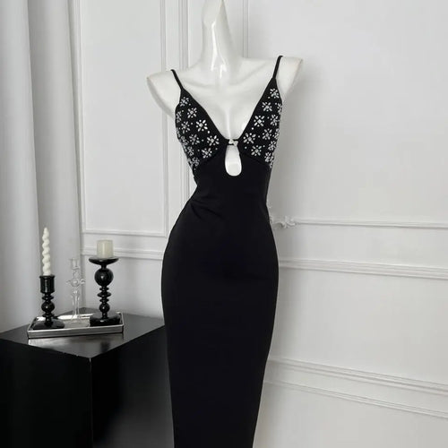 Load image into Gallery viewer, Summer Black Print Hollow Out Backless Party Slip Long Dress Women Sleeveless V Neck Sexy Club Wrapped Hip Dresses Clothes Trend
