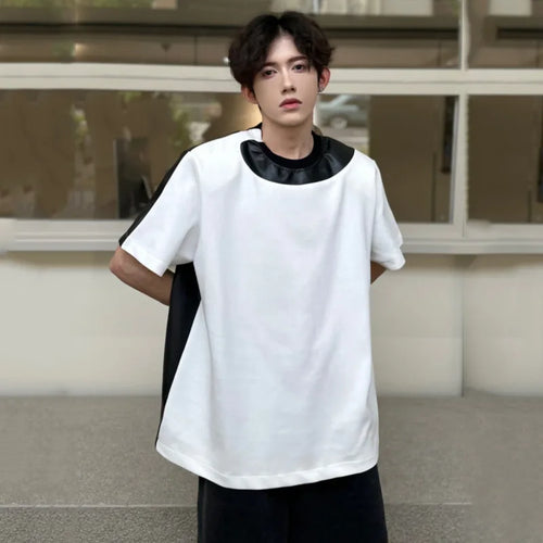 Load image into Gallery viewer, Chic Patchwork Men&#39;s T-shirt Contrast Color PU Leather O-neck Short Sleeve Loose Male T-shirts Summer Male Top 9C6182
