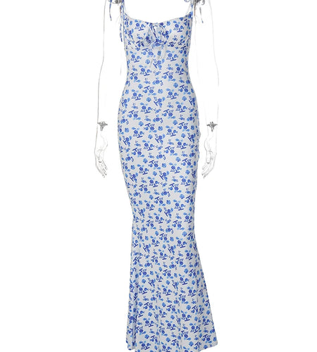 Floral Print Sleeveless Backless Slips Lace Up Maxi Dress Sexy Bodycon Summer Elegant Outfits Holiday Party Wholesale