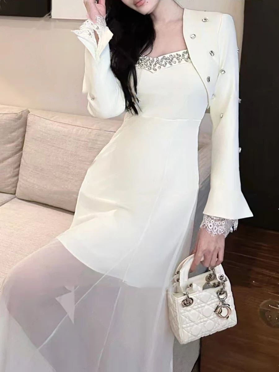 Spliced Diamonds Two Piece Set For Women Strapless Sleeveless High Waist Temperament Dress Long Coat Sets Female