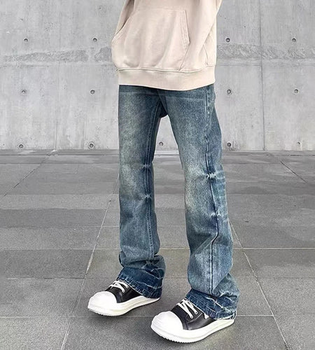 Men's Jeans New American Washed Vintage Design Men's Solid Color High Street Slim Straight Micro Flared Trousers 9W1482