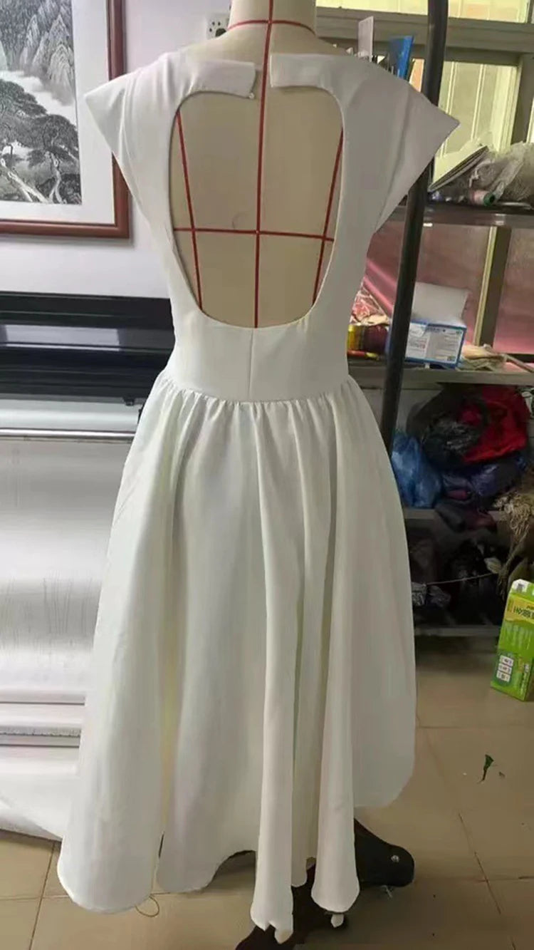 White Backless A-line Sexy Maxi Dress For Women Gown Solid Hollow Out Sleeveless High Waist Club Pleated Dress Elegant