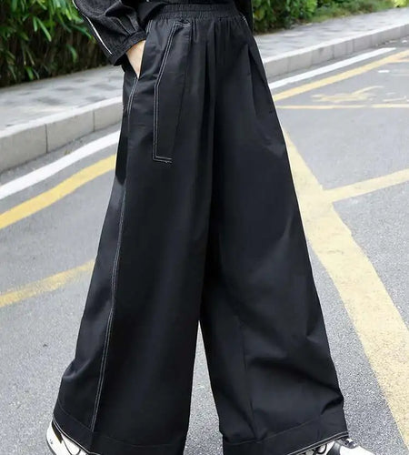 High Elastic Waist Black Topstitched Pocket Wide Leg Pants New Trousers Women Fashion Tide Spring Autumn 2025 1DJ0612