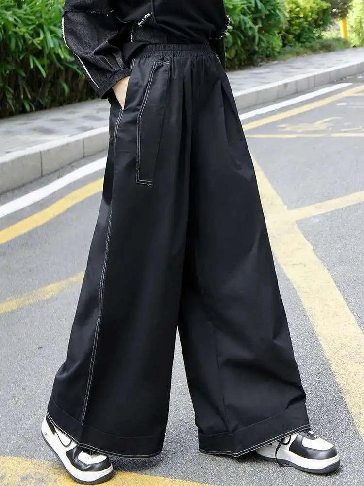 High Elastic Waist Black Topstitched Pocket Wide Leg Pants New Trousers Women Fashion Tide Spring Autumn 2025 1DJ0612