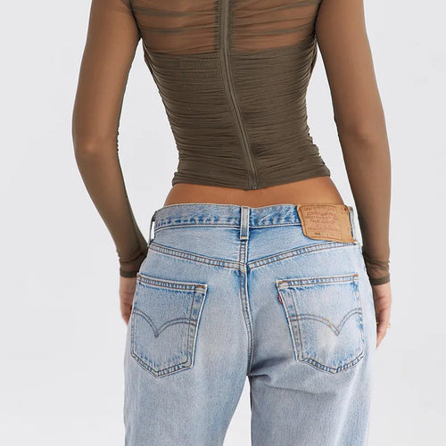 Load image into Gallery viewer, Sheer Mesh Long Sleeve Sexy T-shirt Women 2023 Autumn New V Neck Zipper Layered Skinny Club Party Sexy Tops
