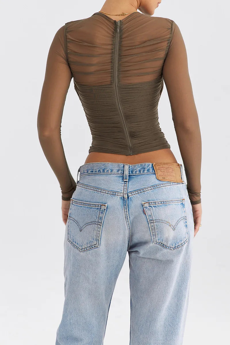 Sheer Mesh Long Sleeve Sexy T-shirt Women 2023 Autumn New V Neck Zipper Layered Skinny Club Party Sexy Tops