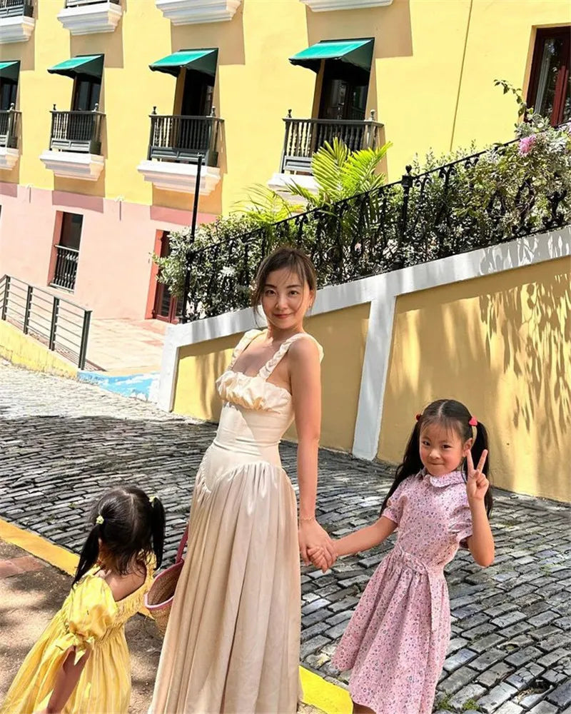 Elegant Satin Backless Midi Dress For Women High Quality Sundress Fashion Square Collar Sleeveless Loose Pleated Dress