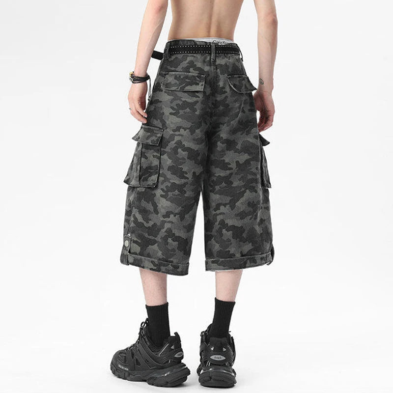 High Street Men's Denim Shorts New Summer Large Pockets Design Multi Buttons Male Straight American Style Bottoms  9W1672