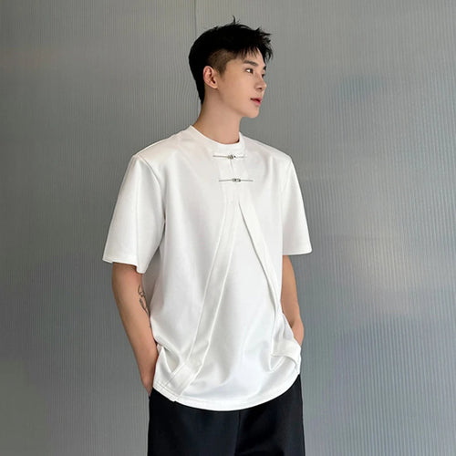 Load image into Gallery viewer, Men&#39;s Wear Summer O-neck T-shirt Trendy Personalized Short Sleeve Top Metal Buckle Decoration Shoulder Pad Tee 9C6007
