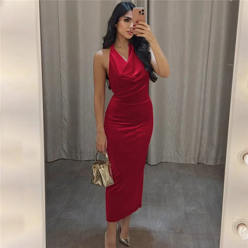 Load image into Gallery viewer, Halter Backless Sexy Maxi Dress For Women Gown Fashion Lace-up Deep V Neck Sleeveless Bodycon Split Long Dress Elegant
