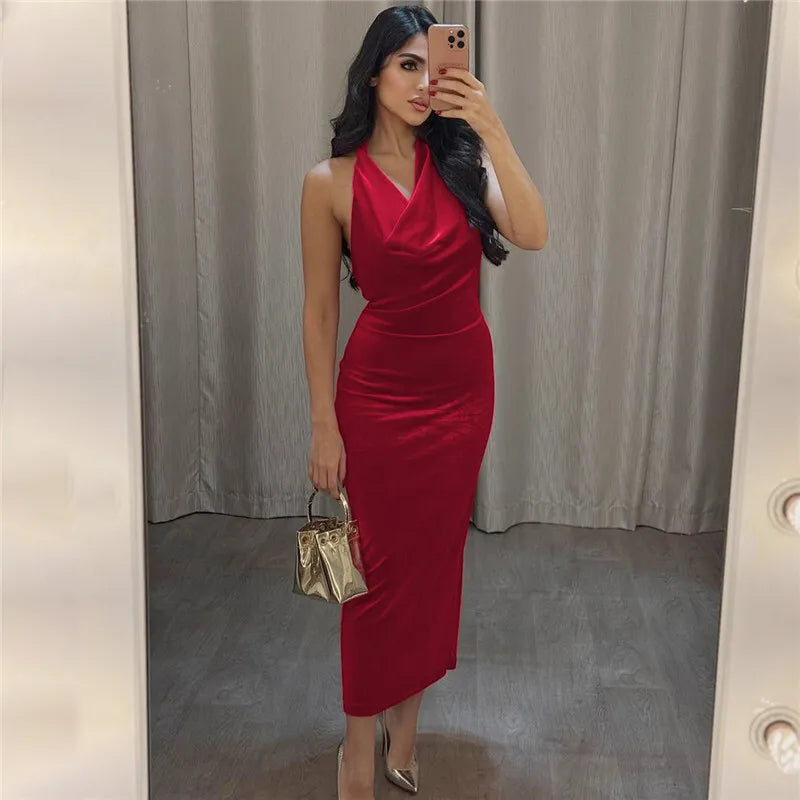 Halter Backless Sexy Maxi Dress For Women Gown Fashion Lace-up Deep V Neck Sleeveless Bodycon Split Long Dress Elegant