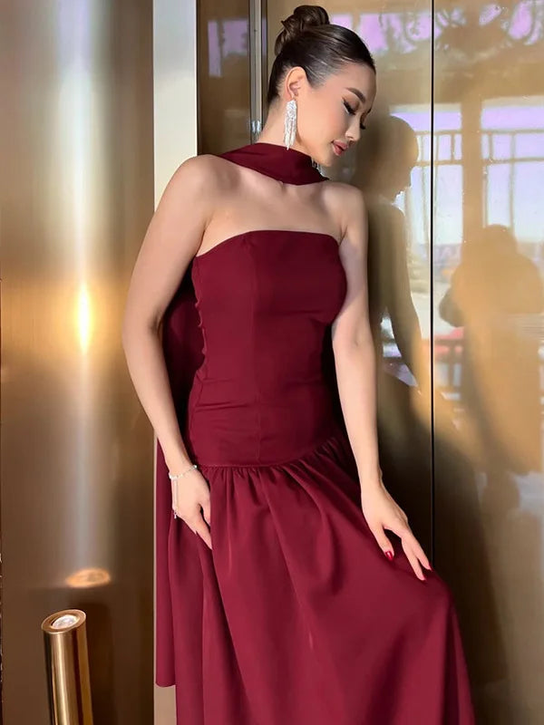 Sexy Strapless Sleeveless Backless Ribbon Long Dress For Women's 2025 Spring/summer New Elegant Slim Party Evening Dress