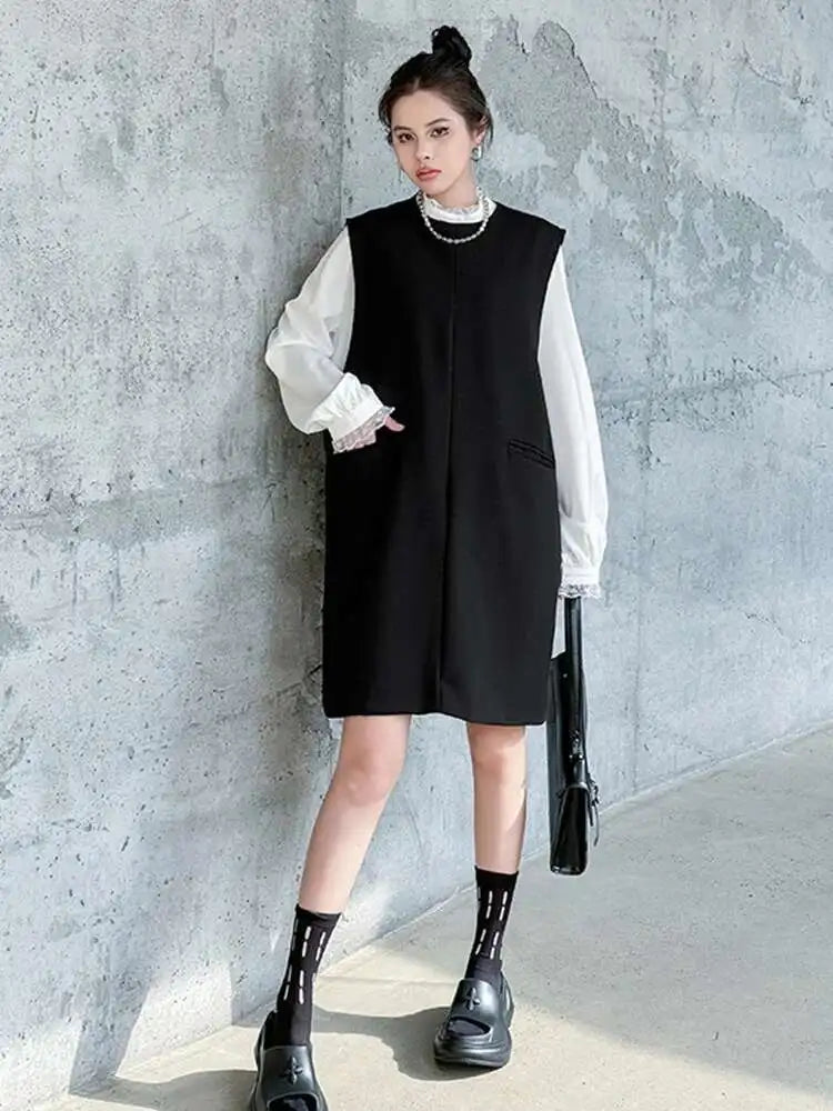 Women Black Brief Elegant Zipper Big Size Mini Dress New Round Neck Sleeveless Fashion Tide Spring Autumn 2025 1DH9820