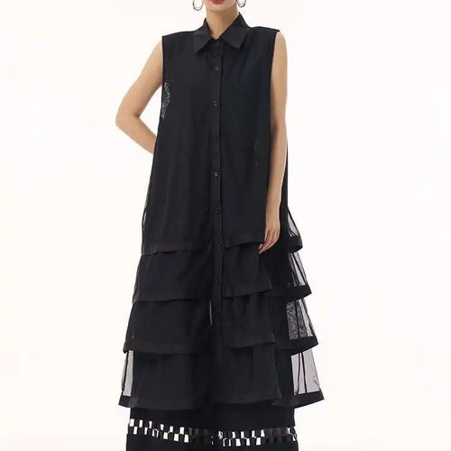 Load image into Gallery viewer, Women Black Layers Mesh Big Size Midi Vest Shirt Dress New Lapel Sleeveless Fashion Tide Spring Summer 2025 1DH9472
