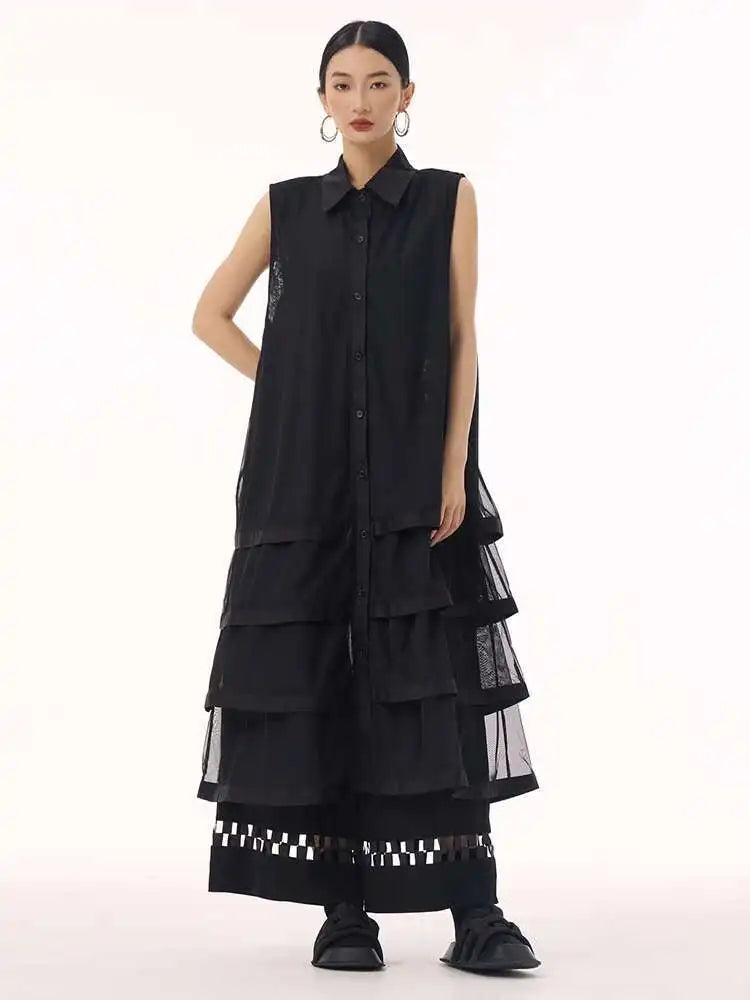 Women Black Layers Mesh Big Size Midi Vest Shirt Dress New Lapel Sleeveless Fashion Tide Spring Summer 2025 1DH9472