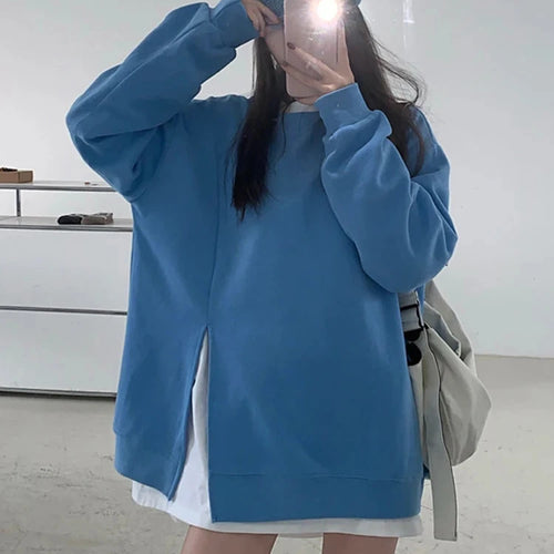 Load image into Gallery viewer, Women&#39;s Sweatshirt Loose Korean Style Cool Street Blue Hoodies Autumn Winter New Solid Color Split Pullover Top Women
