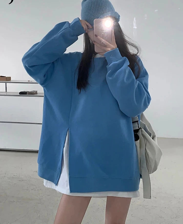 Women's Sweatshirt Loose Korean Style Cool Street Blue Hoodies Autumn Winter New Solid Color Split Pullover Top Women