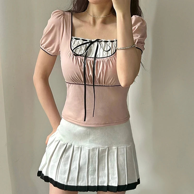 Sweet Y2K Aesthetic Folds Chic Summer Tee Shirts Women Bodycon Patched Tie-Up Bow Square Neck Short Top Kawaii Korean