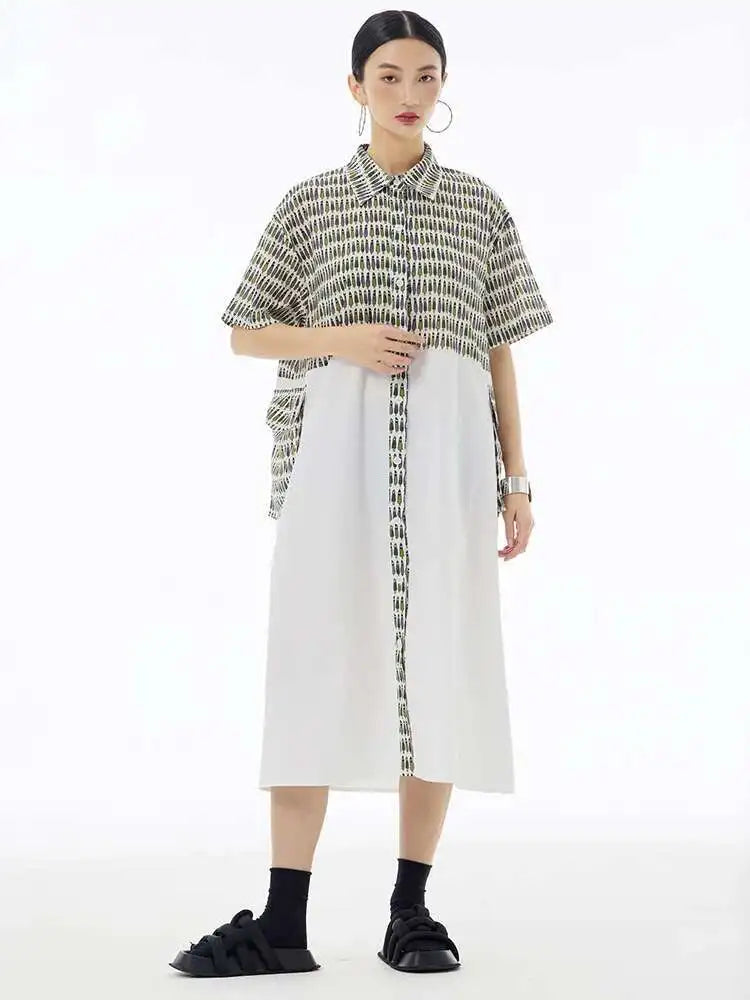 Women Black Printed Color-block Big Size Shirt Dress New Laple Short Sleeve Fashion Tide Spring Summer 2025 1DH6081