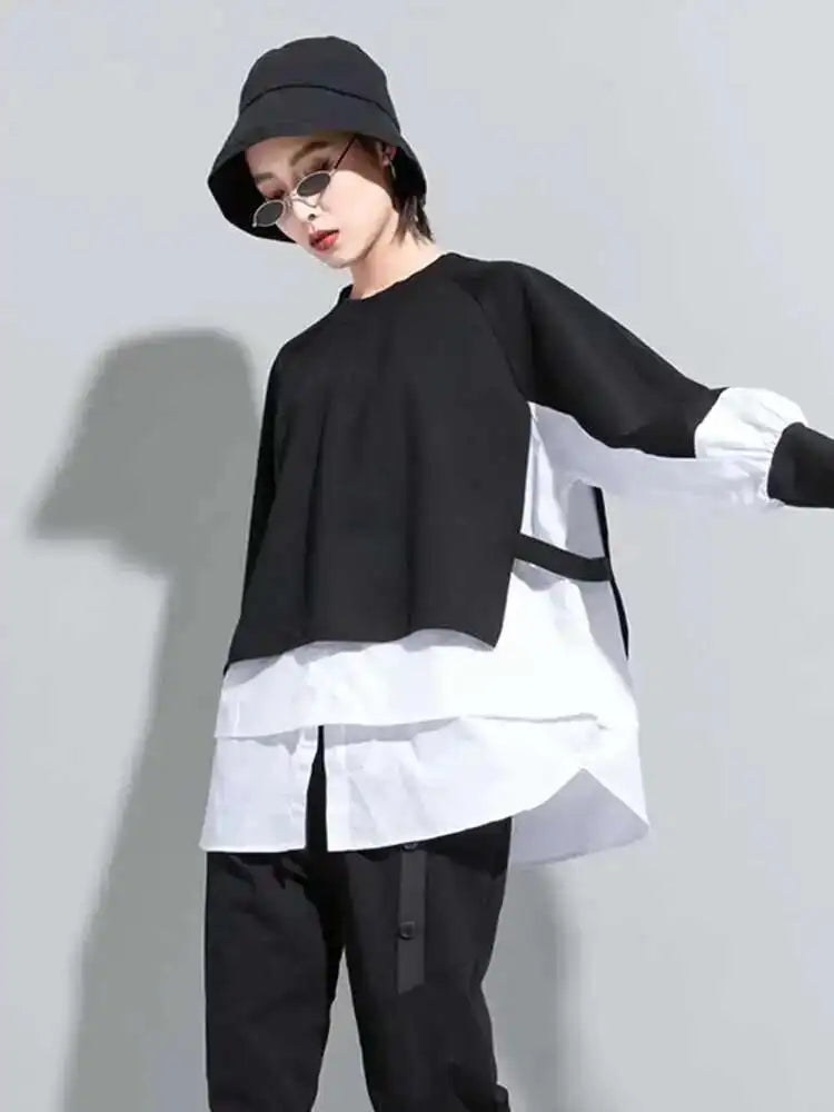 Women Contrast Color Split Joint Big Size T-shirt New Round Neck Long Sleeve  Fashion Tide  Spring Autumn 2025 1DC538