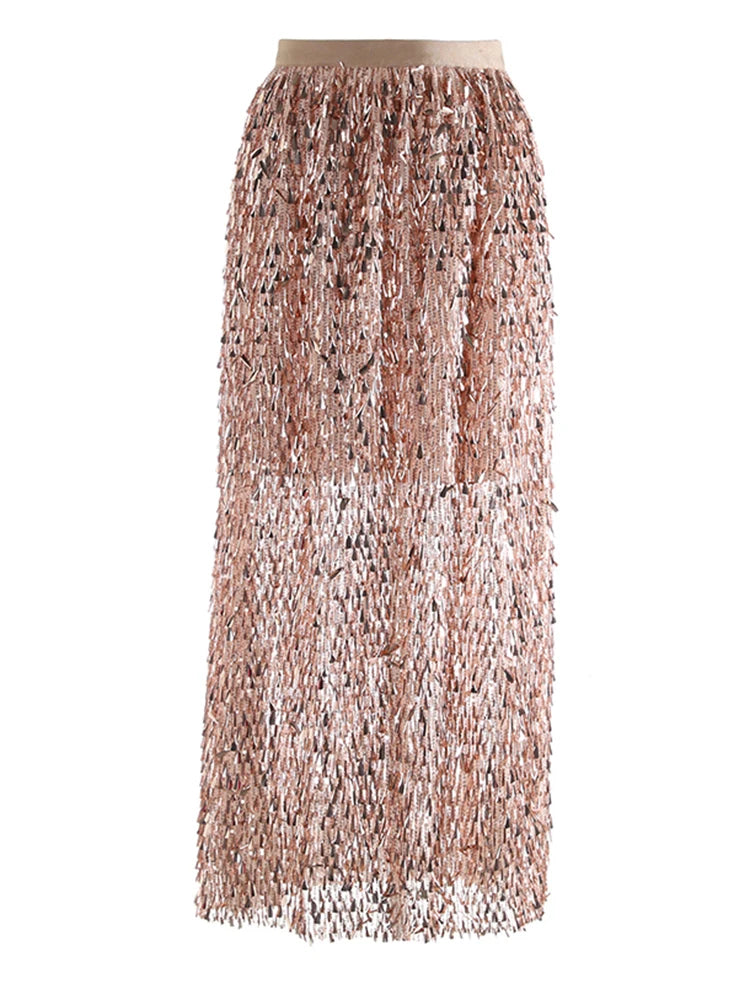 High Elastic Waist Khaki Sequins Shining Elegant Long Party Half-body Skirt Women Fashion New Spring Autumn 2025  1DJ1076