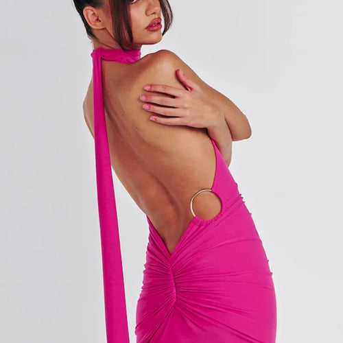 Load image into Gallery viewer, Backl Strap Halter Backless Sexy Mini Dress For Women New Fashion Metal Ring Sleeveless Pleated Bodycon Party Dress
