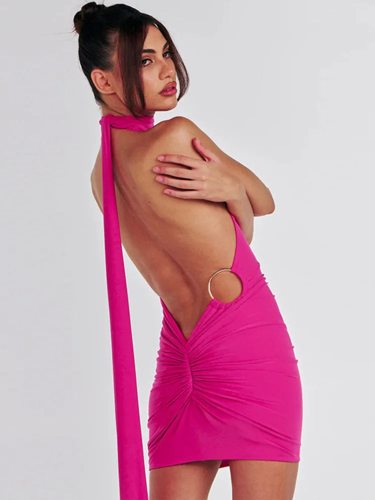 Backl Strap Halter Backless Sexy Mini Dress For Women New Fashion Metal Ring Sleeveless Pleated Bodycon Party Dress