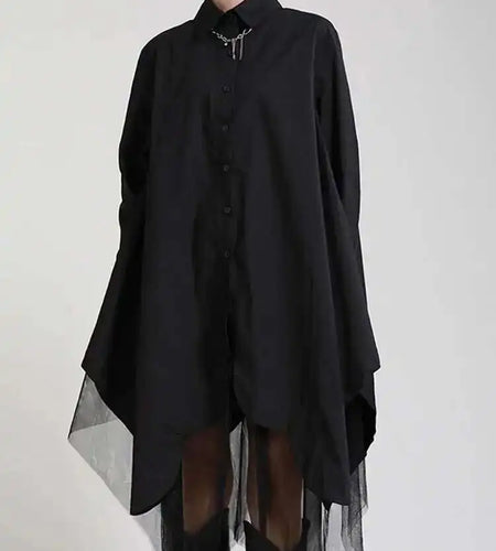Women Black Irregular Hem Big Size Shirt Dress New Lapel Long Sleeve Loose Fit Fashion Tide Spring Autumn 2025 1DE2485