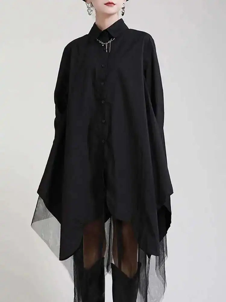 Women Black Irregular Hem Big Size Shirt Dress New Lapel Long Sleeve Loose Fit Fashion Tide Spring Autumn 2025 1DE2485
