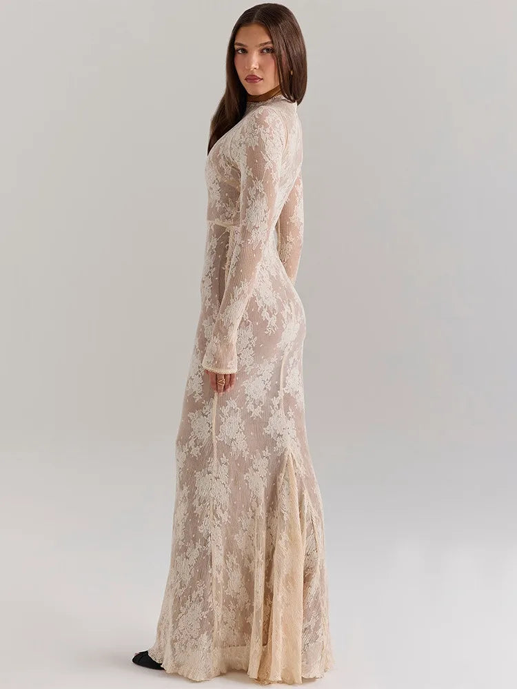 Elegant Lace New Long Sleeve Round Neck Dress Women Sexy Bodycon Tight Vestidos Autumn/Winter Party Club Evening Dress