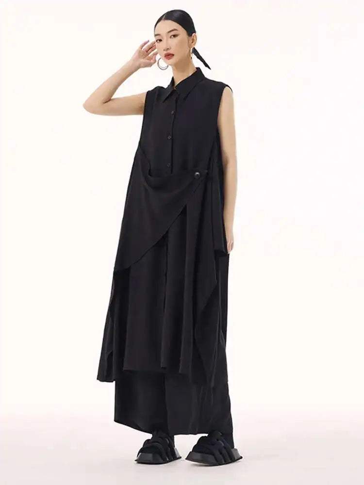 Women Khaki Irregular Spliced Big Size Midi Shirt Dress New Lapel Sleeveless Fashion Tide Spring Summer 2025 1DH9434