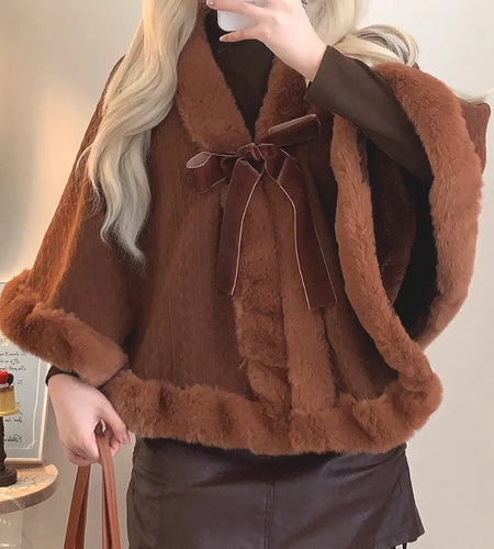 Y2k Aesthetic Fashion Lolita Cloak Coats Sweet Kawaii Fluffy Vintag Elegant Capes Loose Bandage Cute Bow Women Jacket Streetwear