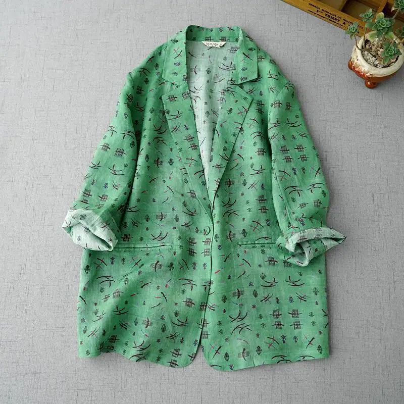 Women Blazer Single Button Spring And Summer Jacket 2022 Casual Pockets Female Suits Coat Vintage Print Blouse Sun Protection