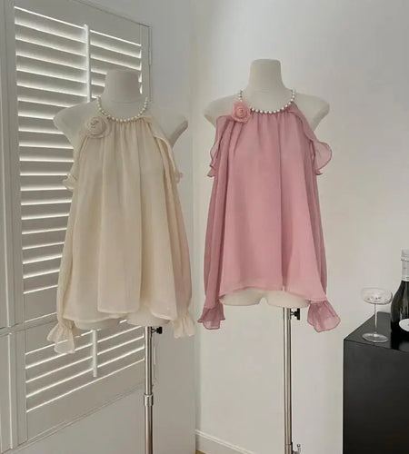 French Vintage Ladies Pink Pearl Round Neck Halter Short Tops Spring Autumn Beige Elegant Long Sleeve Off Shoulder Shirt Popular