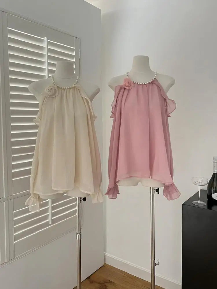 French Vintage Ladies Pink Pearl Round Neck Halter Short Tops Spring Autumn Beige Elegant Long Sleeve Off Shoulder Shirt Popular