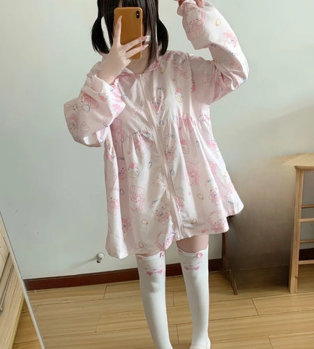 Japanese Sun Protection Cartoon Print Jackets Women Y2k Aesthetic Grunge Bear's Ear Hooded Coat Casual Loose Zipper Femme Tops