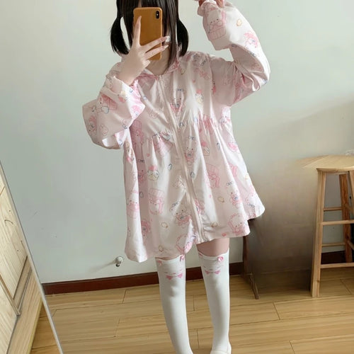 Load image into Gallery viewer, Japanese Sun Protection Cartoon Print Jackets Women Y2k Aesthetic Grunge Bear's Ear Hooded Coat Casual Loose Zipper Femme Tops
