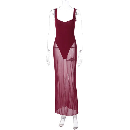 Load image into Gallery viewer, Mesh See Through Sexy Maxi Dress For Women Burgundy Spaghetti Strap Sleeveless Backless Elegant Club Party Long Dress
