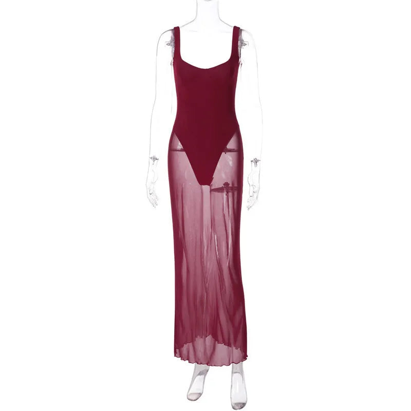Mesh See Through Sexy Maxi Dress For Women Burgundy Spaghetti Strap Sleeveless Backless Elegant Club Party Long Dress