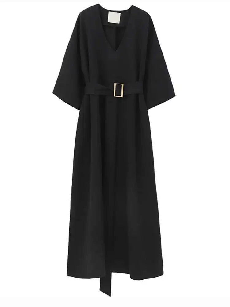 Women Black Brief Belted Elegant Big Size Dress New V-Neck Three-quarter Sleeve Fashion Tide Spring Autumn 2025 1DH6206
