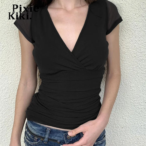 Load image into Gallery viewer, Sheer Mesh Patchwork Short Sleeve V Neck Tops for Women Summer Clothes 2024 Casual Basic Black T Shirts P77-BF11
