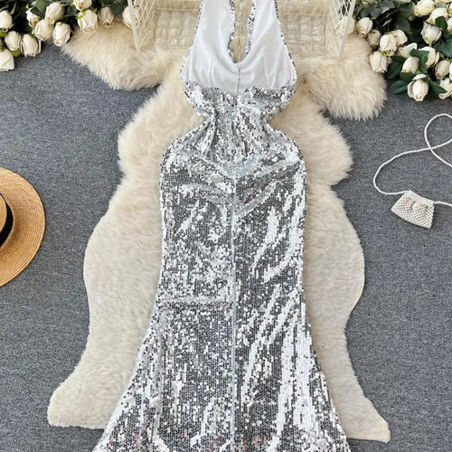 Load image into Gallery viewer, Summer 2023 Retro Elegant Silver Sequins Backless Birthday Party Long Sundress Women Sexy Club Sleeveless Wrap Hip Evening Dress
