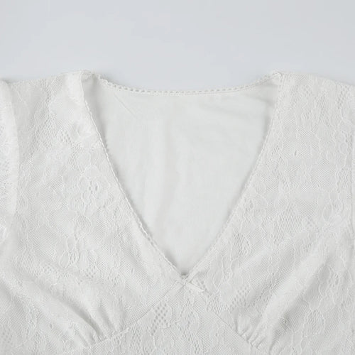 Load image into Gallery viewer, Fashion V-Neck With Bow Lace Slimming T-shirts Women Elegant Solid Chic Short Sleeve Top Tees Y2K Aesthetics Outifits
