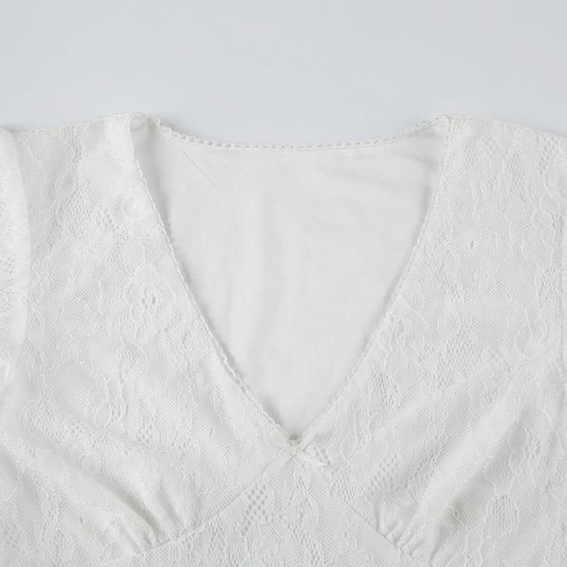 Fashion V-Neck With Bow Lace Slimming T-shirts Women Elegant Solid Chic Short Sleeve Top Tees Y2K Aesthetics Outifits