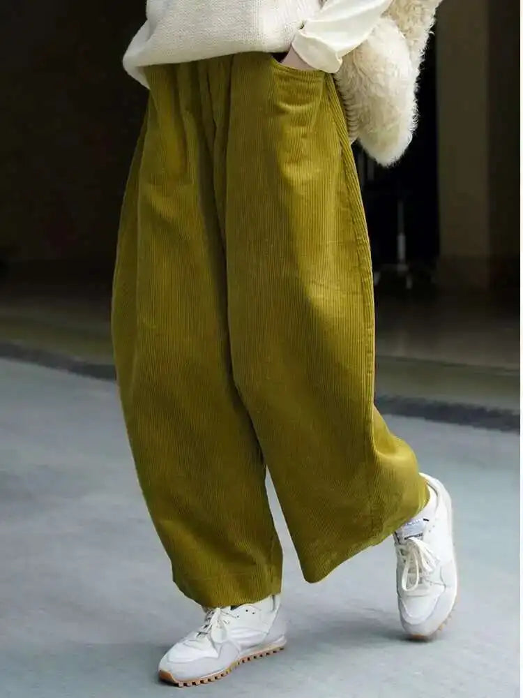 High Elastic Waist Green Corduroy Wide Leg Pants New Loose Fit Trousers Women Fashion Tide Spring Autumn 2025 1DF21930