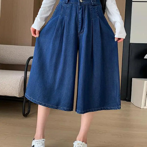 Load image into Gallery viewer, Retro Blue High Waisted Wide Leg Pleated Jeans Women's Spring Summer Loose Straight Seven Point Denim Pants Streetwear Fashion
