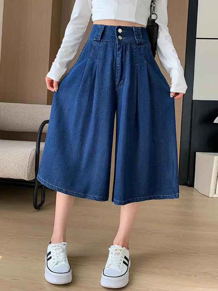 Retro Blue High Waisted Wide Leg Pleated Jeans Women's Spring Summer Loose Straight Seven Point Denim Pants Streetwear Fashion