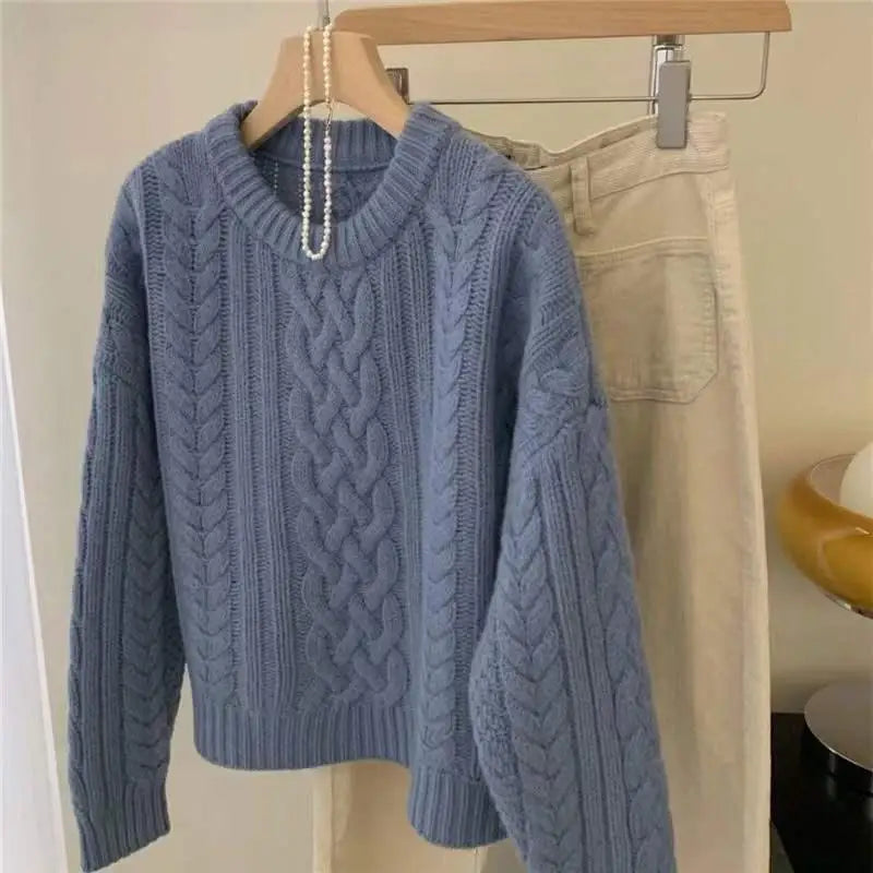 Autumn Winter Blue Elegant Crochet Short Sweater Women Korean Elegent O-neck Long Sleeve Fashion Festival Knit Pullover Tops New